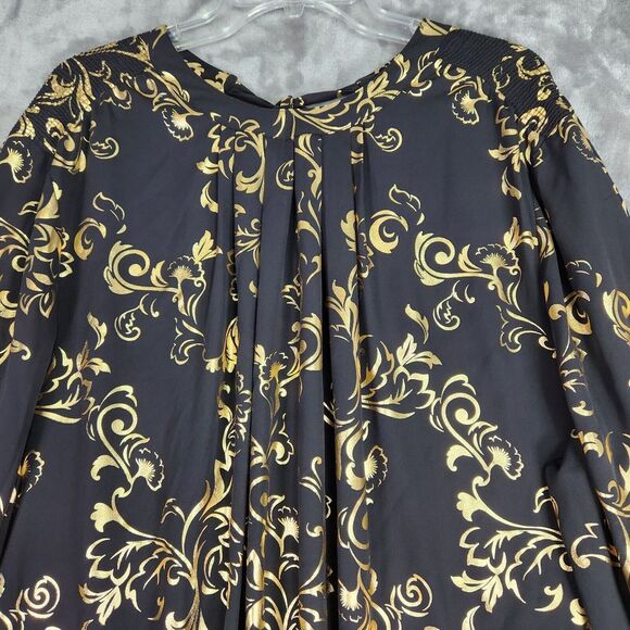 Worthington Womens Blouse 3X Black Gold Metallic Floral Long‎ Sleeve Party Goth - Picture 1 of 10